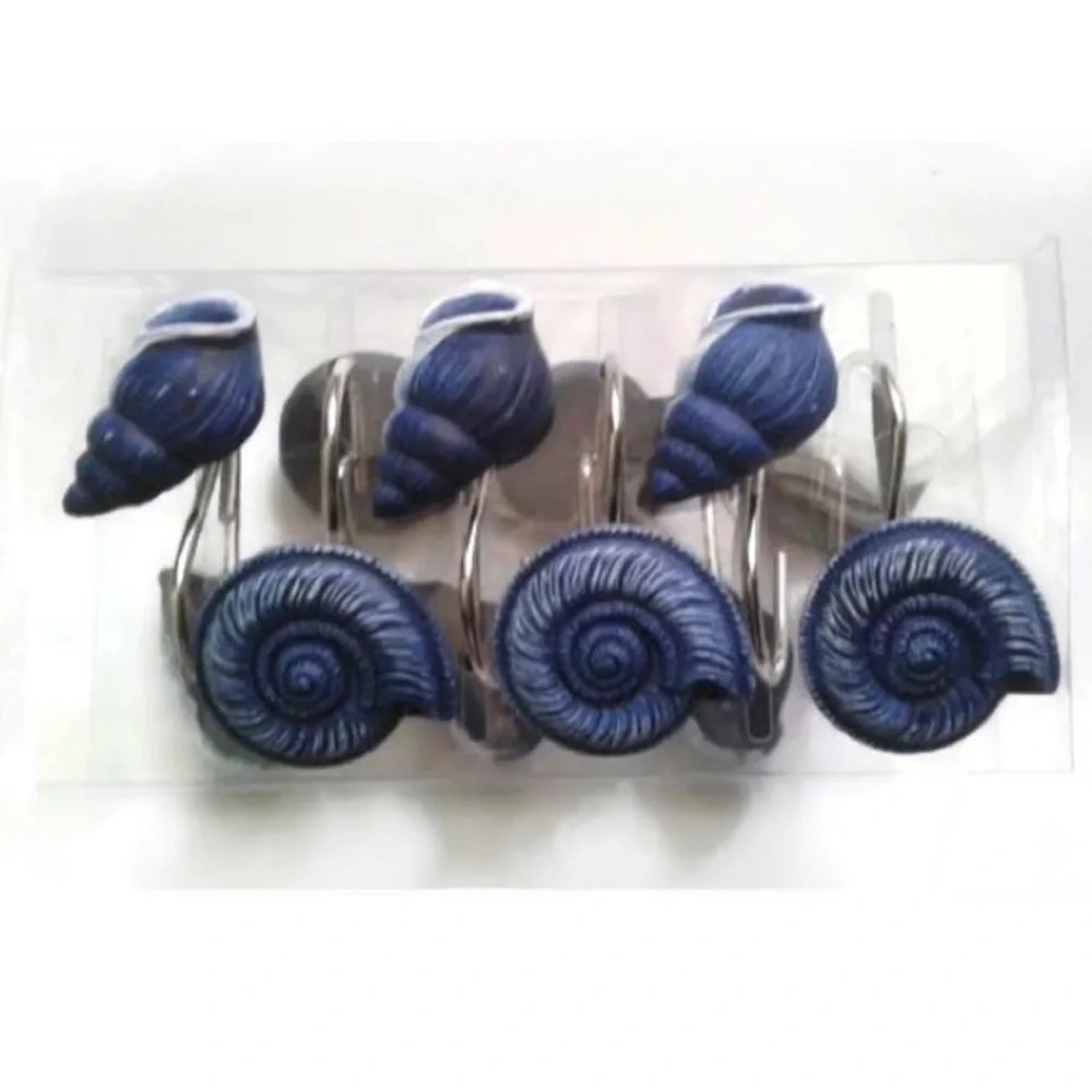 Coastal Ocean Seashell Shower Hooks Blue White Beachy Decor Set of 12 - Picture 9 of 11
